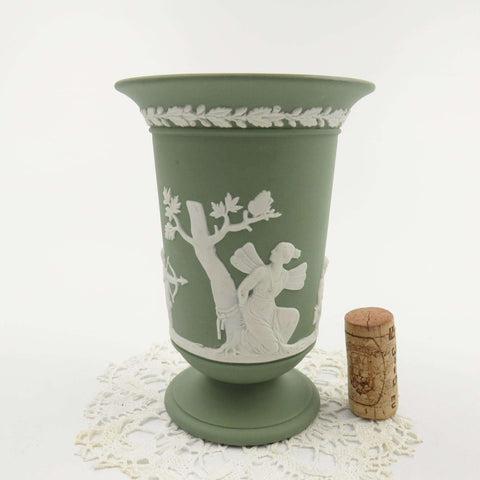 Vintage MINT Wedgwood Footed Spilled Trumpet Vase 5 1/2 Inches Cream on Celadon Green Sage SACRIFICE OF POMONA - GSaleHunter