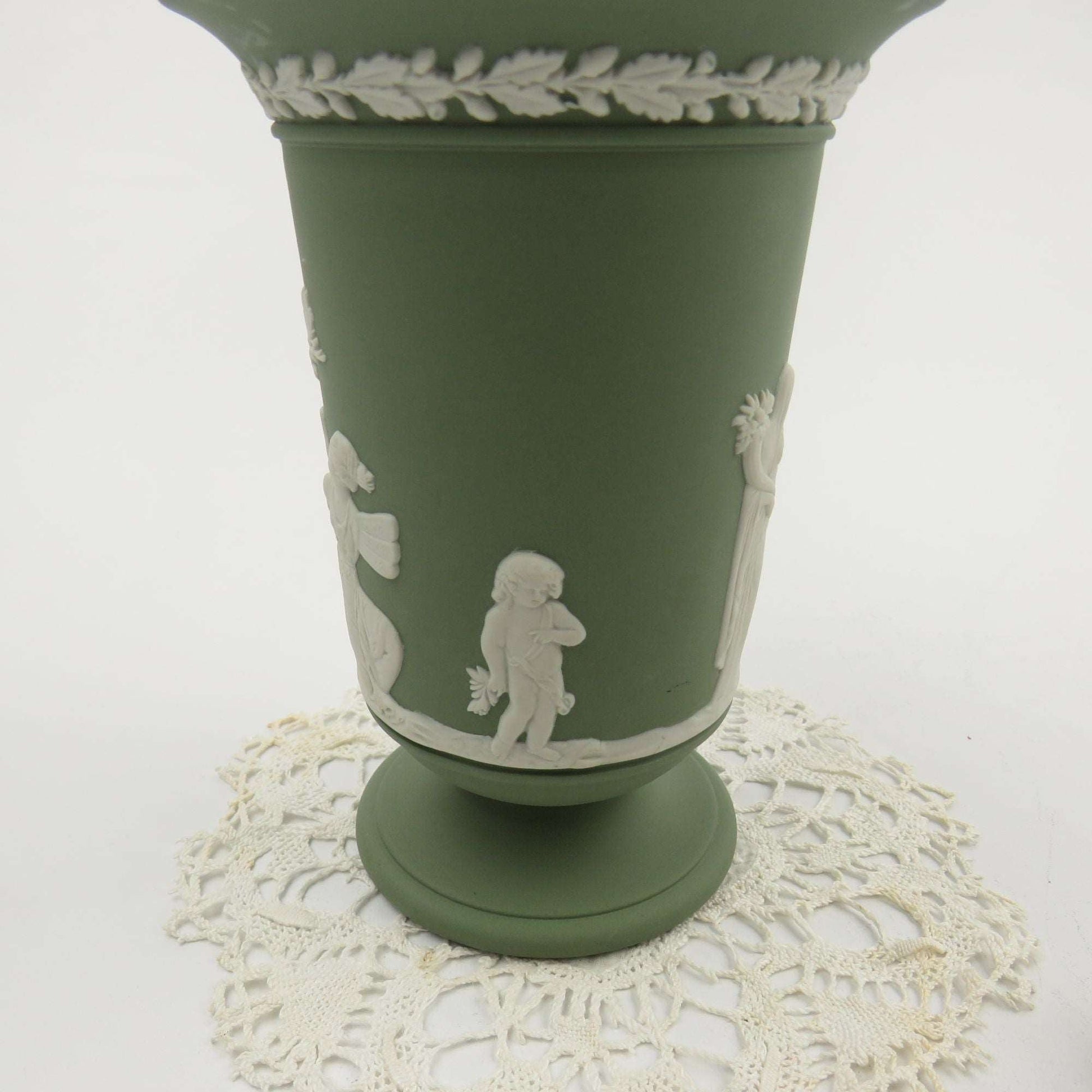 Vintage MINT Wedgwood Footed Spilled Trumpet Vase 5 1/2 Inches Cream on Celadon Green Sage SACRIFICE OF POMONA - GSaleHunter
