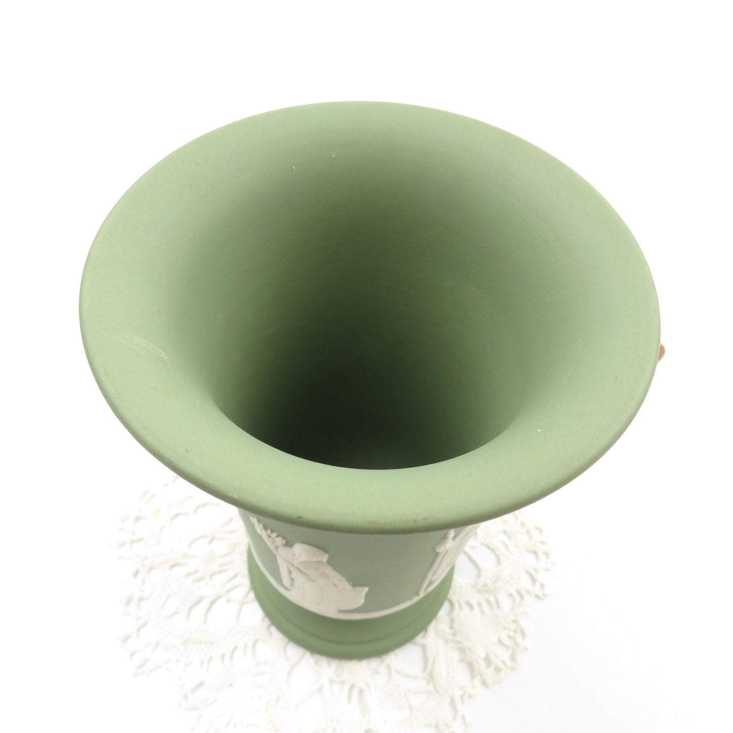 Vintage MINT Wedgwood Footed Spilled Trumpet Vase 5 1/2 Inches Cream on Celadon Green Sage SACRIFICE OF POMONA - GSaleHunter