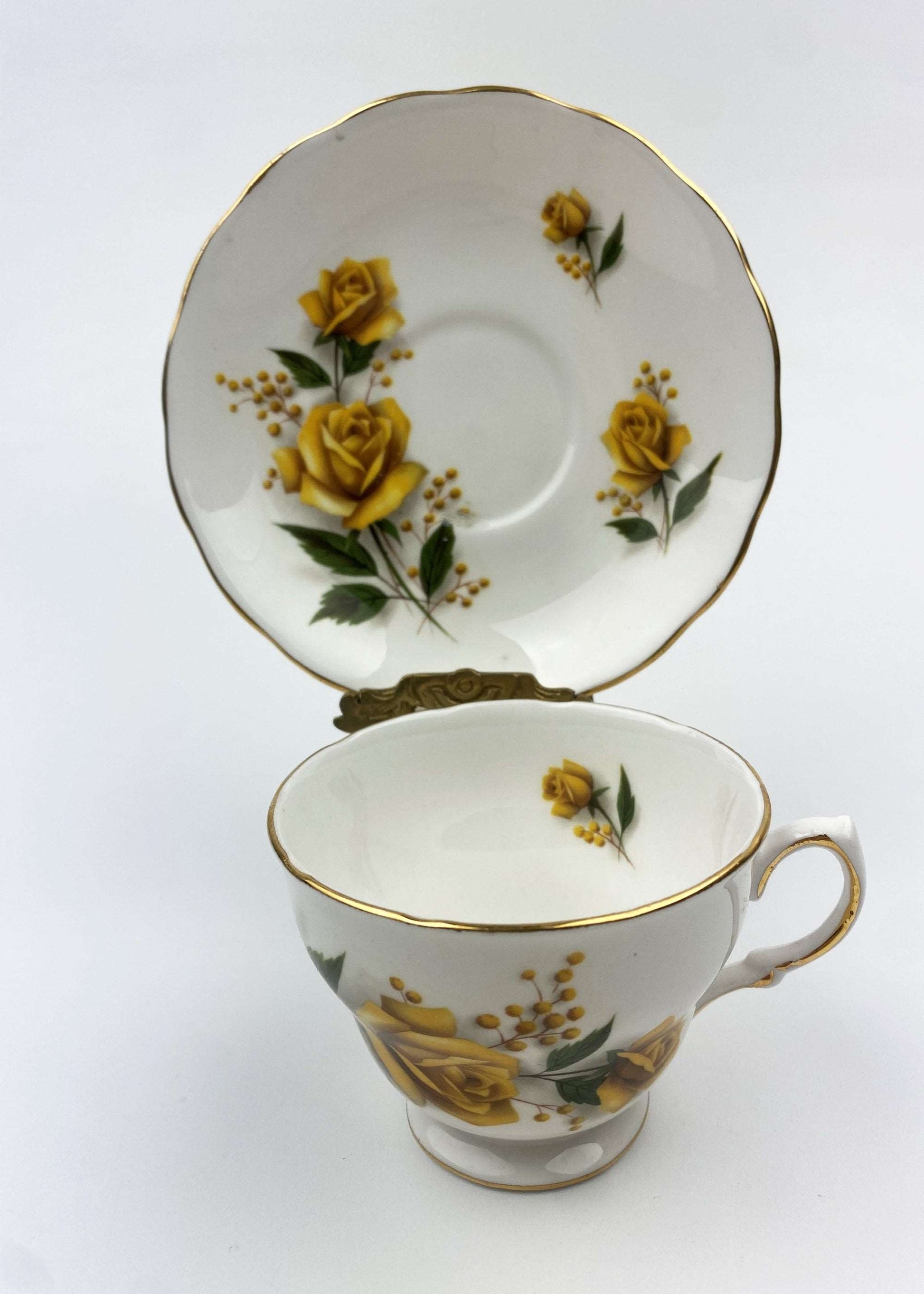 Vintage Royal Vale Bone China Tea Cup and Saucer England Yellow Rose - GSaleHunter