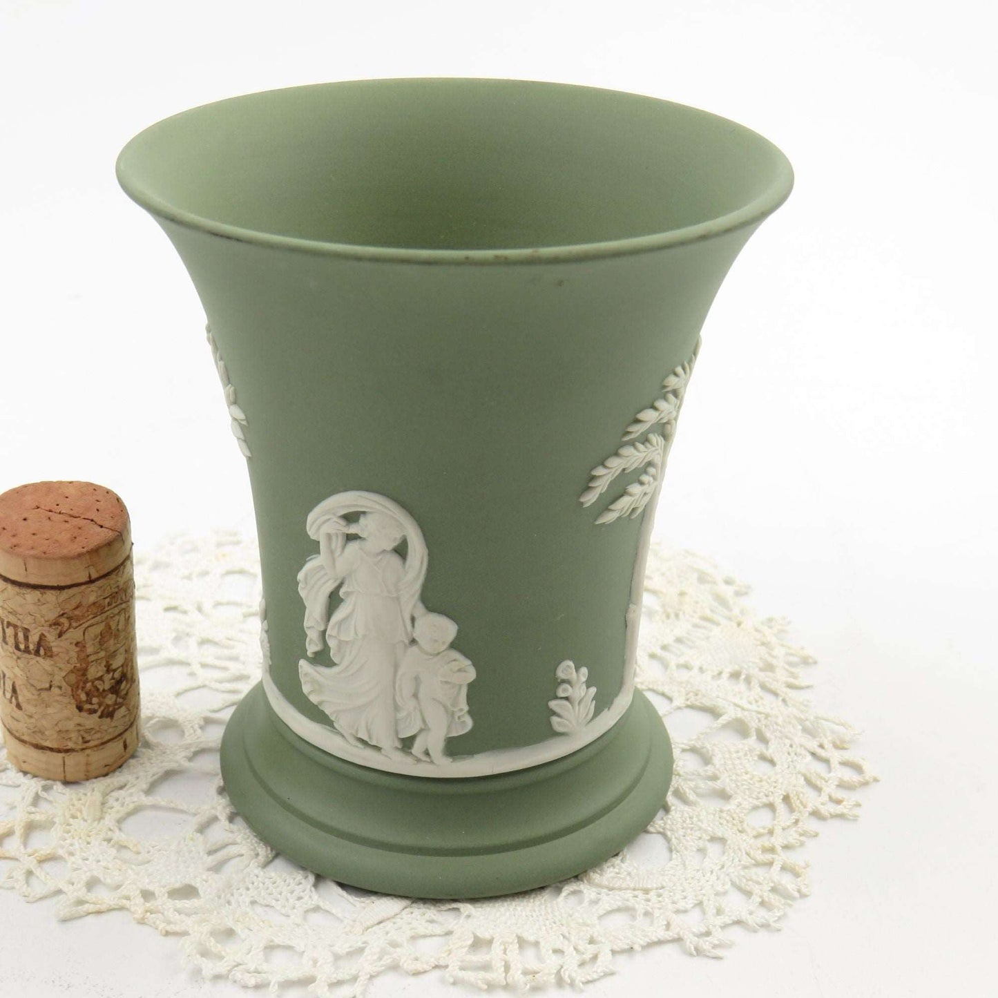 Vintage Trumpet Spilled Mini Vase 4" Cream on Celadon Green Sage Footed SACRIFICE OF POMONA - GSaleHunter