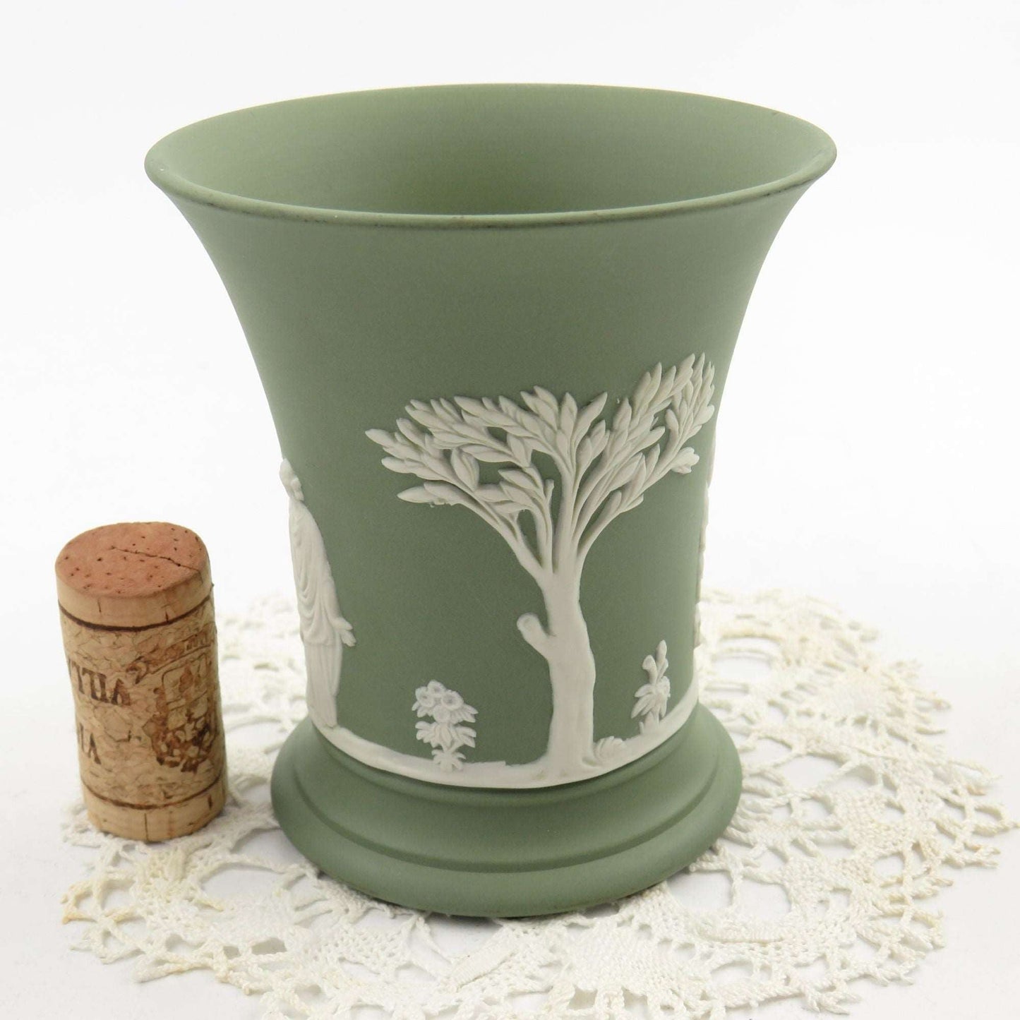 Vintage Trumpet Spilled Mini Vase 4" Cream on Celadon Green Sage Footed SACRIFICE OF POMONA - GSaleHunter