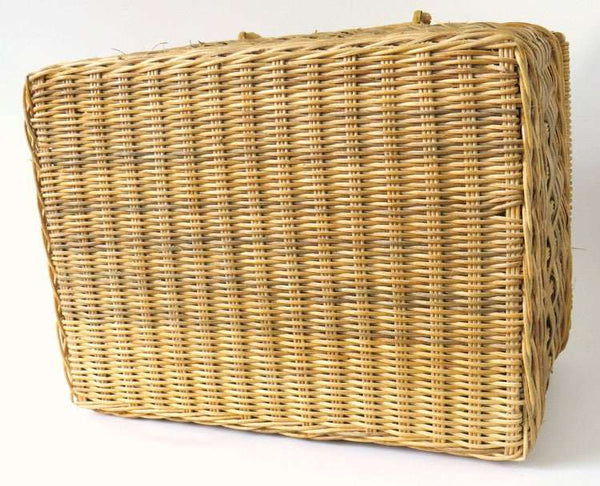 Vintage Woven Rattan Double Handle Picnic Basket & Wicker Paper Plate Holders - GSaleHunter