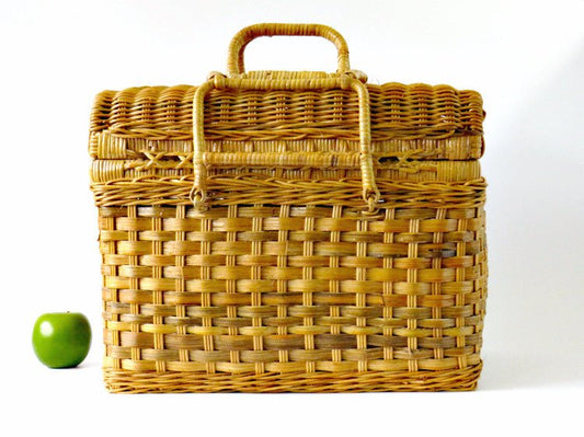 Vintage Woven Rattan Double Handle Picnic Basket & Wicker Paper Plate Holders - GSaleHunter