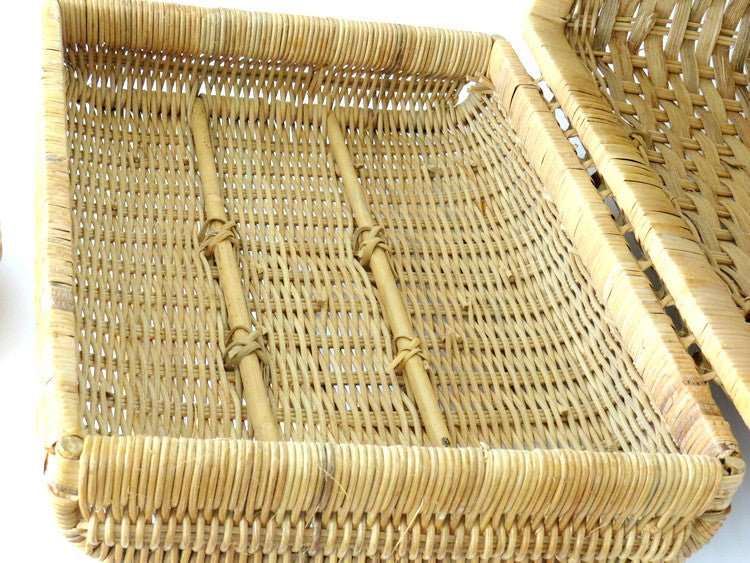 Vintage Woven Rattan Double Handle Picnic Basket & Wicker Paper Plate Holders - GSaleHunter