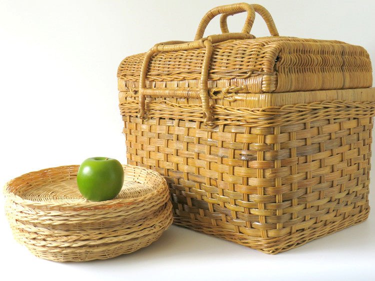 Vintage Woven Rattan Double Handle Picnic Basket & Wicker Paper Plate Holders - GSaleHunter